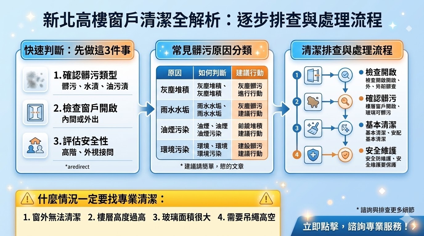 您正在煩惱新北高樓窗戶清潔的難題嗎？大樓窗戶常因空污與雨水累積水垢、油污，若盲目清潔不僅效果差更可能發生危險。本文提供專業的逐步排查流程，教您從判斷窗戶開啟方式、辨識髒污類型到評估安全性，全面掌握新北高樓窗戶清潔的核心要點。我們整理了實用的「先做這3件事」快速判斷法與 FAQ，幫助您決定適合自行處理或尋求具備高空吊繩設備的專業清潔團隊，讓居家景觀恢復晶瑩剔透，同時確保施工安全無虞。